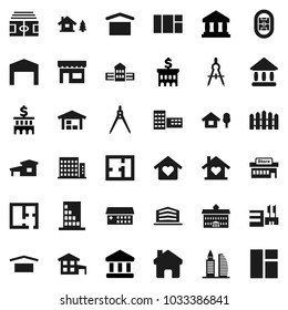 Flat vector icon set - university vector, school building, drawing compass, bank, stadium, dry cargo, hospital, home, cottage, chalet, barn, fence, plan, apartments, office, love, store, mall
