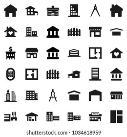 Flat vector icon set - university vector, school building, drawing compass, bank, stadium, dry cargo, hospital, home, cottage, barn, fence, plan, apartments, office, love, store, mall, window