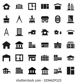 Flat vector icon set - university vector, drawing compass, bank, building, stadium, dry cargo, hospital, home, cottage, chalet, barn, fence, plan, apartments, office, love, store, mall, window