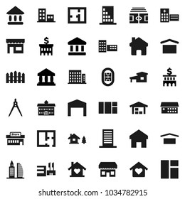 Flat vector icon set - university vector, school building, drawing compass, bank, stadium, dry cargo, hospital, home, cottage, chalet, barn, fence, plan, apartments, office, love, store, mall