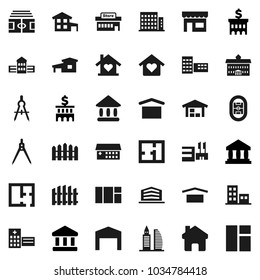 Flat vector icon set - university vector, school building, drawing compass, bank, stadium, dry cargo, hospital, home, cottage, barn, fence, plan, apartments, office, love, store, mall, window