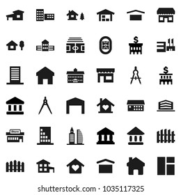 Flat vector icon set - university vector, school building, drawing compass, bank, stadium, dry cargo, hospital, home, cottage, chalet, barn, fence, office, love, store, mall, window