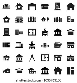 Flat vector icon set - university vector, school building, drawing compass, bank, stadium, dry cargo, hospital, home, cottage, chalet, barn, fence, plan, apartments, office, love, store, mall