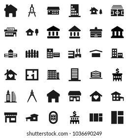 Flat vector icon set - university vector, school building, drawing compass, bank, stadium, dry cargo, hospital, home, cottage, chalet, fence, plan, apartments, office, love, store, mall, window