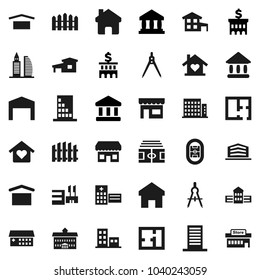 Flat vector icon set - university vector, school building, drawing compass, bank, stadium, dry cargo, hospital, home, cottage, barn, fence, plan, apartments, office, love, store, mall