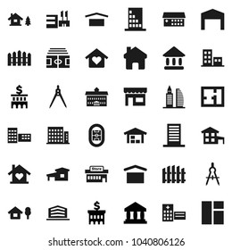 Flat vector icon set - university vector, school building, drawing compass, bank, stadium, dry cargo, hospital, home, cottage, chalet, barn, fence, plan, apartments, office, love, store, mall