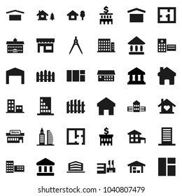 Flat vector icon set - university vector, school building, drawing compass, bank, dry cargo, hospital, home, cottage, chalet, barn, fence, plan, apartments, office, love, store, mall, window