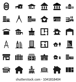 Flat vector icon set - university vector, school building, drawing compass, bank, stadium, dry cargo, hospital, home, cottage, chalet, barn, fence, plan, apartments, office, love, store, mall