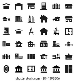 Flat vector icon set - university vector, school building, drawing compass, bank, stadium, dry cargo, hospital, home, cottage, chalet, barn, fence, plan, apartments, office, love, store, mall