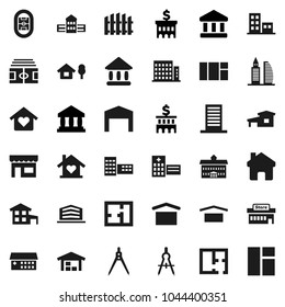 Flat vector icon set - university vector, school building, drawing compass, bank, stadium, dry cargo, hospital, home, cottage, chalet, barn, fence, plan, apartments, office, love, store, mall