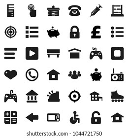 Flat vector icon set - university vector, abacus, piggy bank, target, pound, roller Skates, dry cargo, gamepad, touchscreen, group, heart, play button, stop, disabled, syringe, menu, bench, arrow