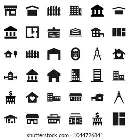 Flat vector icon set - university vector, school building, drawing compass, bank, stadium, dry cargo, hospital, home, cottage, chalet, barn, fence, plan, apartments, office, love, store, mall