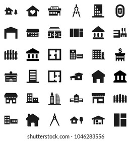 Flat vector icon set - university vector, school building, drawing compass, bank, stadium, hospital, home, cottage, chalet, barn, fence, plan, apartments, office, love, store, mall, window