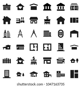 Flat vector icon set - university vector, drawing compass, bank, building, stadium, dry cargo, hospital, home, cottage, chalet, barn, fence, plan, apartments, office, love, store, mall, window