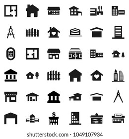Flat vector icon set - university vector, school building, drawing compass, bank, stadium, dry cargo, hospital, home, cottage, chalet, barn, fence, plan, office, love, store, mall