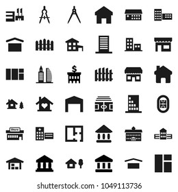 Flat vector icon set - university vector, school building, drawing compass, bank, stadium, dry cargo, hospital, home, cottage, chalet, barn, fence, plan, apartments, office, love, store, mall