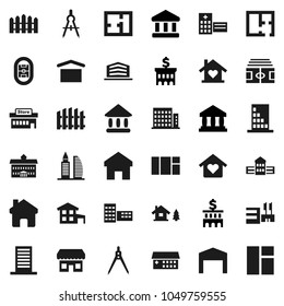 Flat vector icon set - university vector, school building, drawing compass, bank, stadium, dry cargo, hospital, home, cottage, chalet, barn, fence, plan, apartments, office, love, store, mall