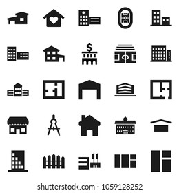 Flat vector icon set - university vector, school building, drawing compass, bank, stadium, dry cargo, hospital, home, cottage, barn, fence, plan, apartments, office, love, store, mall, window