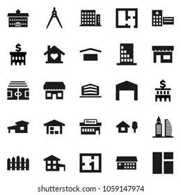 Flat vector icon set - university vector, drawing compass, bank building, stadium, dry cargo, hospital, cottage, chalet, barn, fence, plan, apartments, office, love home, store, mall, window
