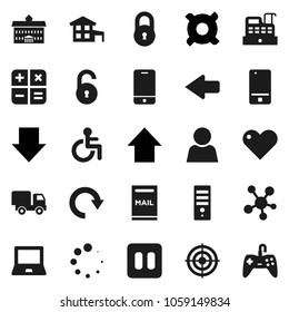 Flat vector icon set - university vector, notebook pc, arrow down, up, any currency, target, mobile phone, social media, heart, pause button, disabled, redo, loading, lock, unlock, user, cottage