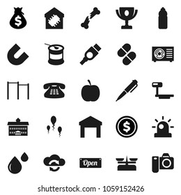 Flat vector icon set - university vector, pen, award cup, magnet, dollar coin, money bag, diet, horizontal bar, sports nutrition, water bottle, warehouse, big scales, classic phone, hdmi, pills