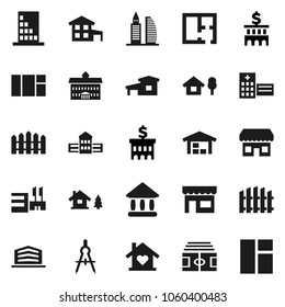 Flat vector icon set - university vector, school building, drawing compass, bank, stadium, hospital, cottage, chalet, barn, fence, plan, office, love home, store, mall, window