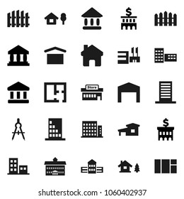 Flat vector icon set - university vector, school building, drawing compass, bank, dry cargo, home, cottage, chalet, barn, fence, plan, apartments, mall, window