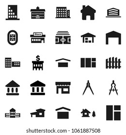 Flat vector icon set - university vector, school building, drawing compass, bank, stadium, dry cargo, home, cottage, chalet, barn, fence, apartments, office, store, mall, window