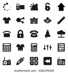 Flat vector icon set - university vector, ruler, bell, calculator, abacus, arrow up, t shirt, dry cargo, settings, remote control, social media, backward button, cloud network, loading, unlock, lock