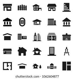 Flat vector icon set - university vector, school building, drawing compass, bank, stadium, dry cargo, hospital, home, cottage, chalet, barn, fence, plan, apartments, office, love, store, window