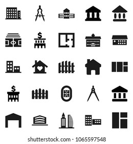 Flat vector icon set - university vector, school building, drawing compass, bank, stadium, hospital, home, barn, fence, plan, apartments, office, love, window