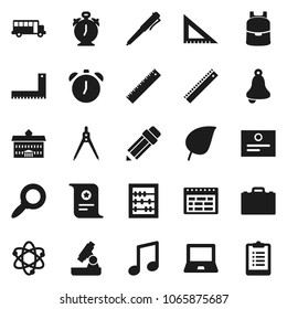Flat vector icon set - university vector, pencil, corner ruler, drawing compass, case, backpack, atom, pen, microscope, bell, notebook pc, alarm clock, schedule, certificate, school bus, abacus
