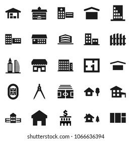 Flat vector icon set - university vector, school building, drawing compass, bank, stadium, dry cargo, hospital, home, cottage, chalet, barn, fence, plan, apartments, office, store, window