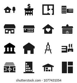 Flat vector icon set - university vector, school building, drawing compass, bank, stadium, hospital, home, chalet, barn, plan, love, store, mall, window