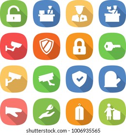 flat vector icon set - unlock vector, customs control, security man, inspector, surveillance, shield, locked, key, camera, cook glove, hand leaf, dry wash, garbage bin