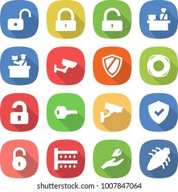 flat vector icon set - unlock vector, lock, customs control, inspector, surveillance, shield, lifebuoy, unlocked, key, camera, watering, hand leaf, bug