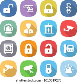 flat vector icon set - unlock vector, ambulance helicopter, lock, traffic light, alarm, security man, detector, surveillance, safe, locked, unlocked, intercome, camera, siren