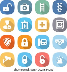 flat vector icon set - unlock vector, doctor case, ladder, traffic light, security man, detector, first aid, safe, shield, locked, intercome, surveillance camera, lock, siren