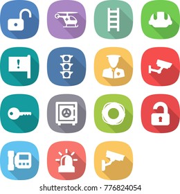 flat vector icon set - unlock vector, ambulance helicopter, ladder, building helmet, important flag, traffic light, security man, surveillance, key, safe, lifebuoy, unlocked, intercome, alarm