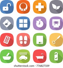 flat vector icon set - unlock vector, necklace, medical cross, leafs, under construction, window, stopwatch, atm, inflatable mattress, slippers, kitchen scales, whisk, mortar, car wash, bath