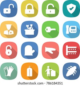flat vector icon set - unlock vector, lock, protected, security man, inspector, key, intercome, cook glove, watering, gloves, dry wash, garbage bin, bug