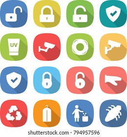 flat vector icon set - unlock vector, lock, protected, uv cream, surveillance, lifebuoy, camera, shield, cook glove, recycling, dry wash, garbage bin, bug