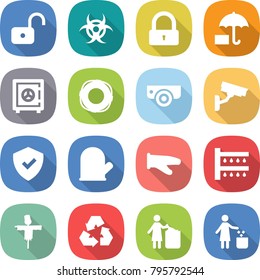 flat vector icon set - unlock vector, biohazard, lock, insurance, safe, lifebuoy, surveillance camera, shield, cook glove, watering, scarecrow, recycling, garbage bin