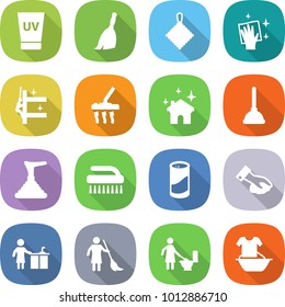 flat vector icon set - uv cream vector, broom, rag, wiping, skyscrapers cleaning, vacuum cleaner, house, plunger, brush, cleanser powder, kitchen, brooming, toilet, handle washing