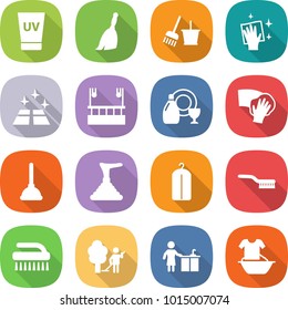 flat vector icon set - uv cream vector, broom, bucket and, wiping, clean floor, skysrcapers cleaning, dish cleanser, plunger, dry wash, brush, garden, kitchen, handle washing