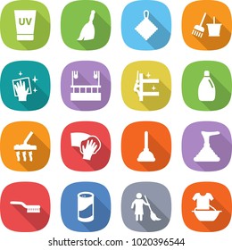 flat vector icon set - uv cream vector, broom, rag, bucket and, wiping, skysrcapers cleaning, skyscrapers, cleanser, vacuum cleaner, plunger, brush, powder, brooming, handle washing
