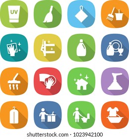 flat vector icon set - uv cream vector, broom, rag, bucket and, wiping, skyscrapers cleaning, cleanser, dish, vacuum cleaner, house, plunger, dry wash, kitchen, toilet, handle washing
