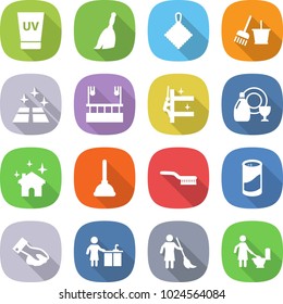flat vector icon set - uv cream vector, broom, rag, bucket and, clean floor, skysrcapers cleaning, skyscrapers, dish cleanser, house, plunger, brush, powder, wiping, kitchen, brooming, toilet