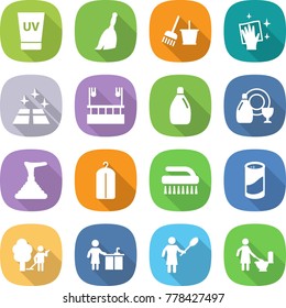 flat vector icon set - uv cream vector, broom, bucket and, wiping, clean floor, skysrcapers cleaning, cleanser, dish, plunger, dry wash, brush, powder, garden, kitchen, woman with duster, toilet