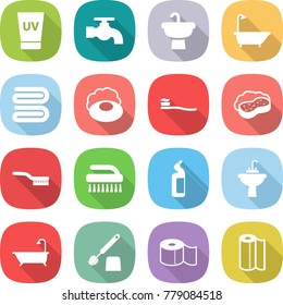 flat vector icon set - uv cream vector, water tap, sink, bath, towel, soap, tooth brush, sponge with foam, toilet cleanser, paper